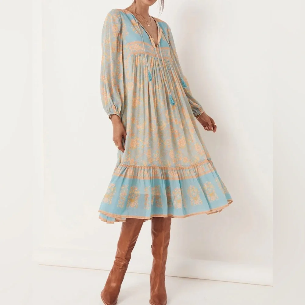 Spell & the Gypsy Collective Juniper Boho Midi Dress Eggshell Blue M Medium 6 8 - Picture 1 of 15